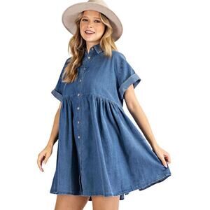 Easel Dark Denim Mineral Wash Button Down Shirt Dress Side Pockets Size Large